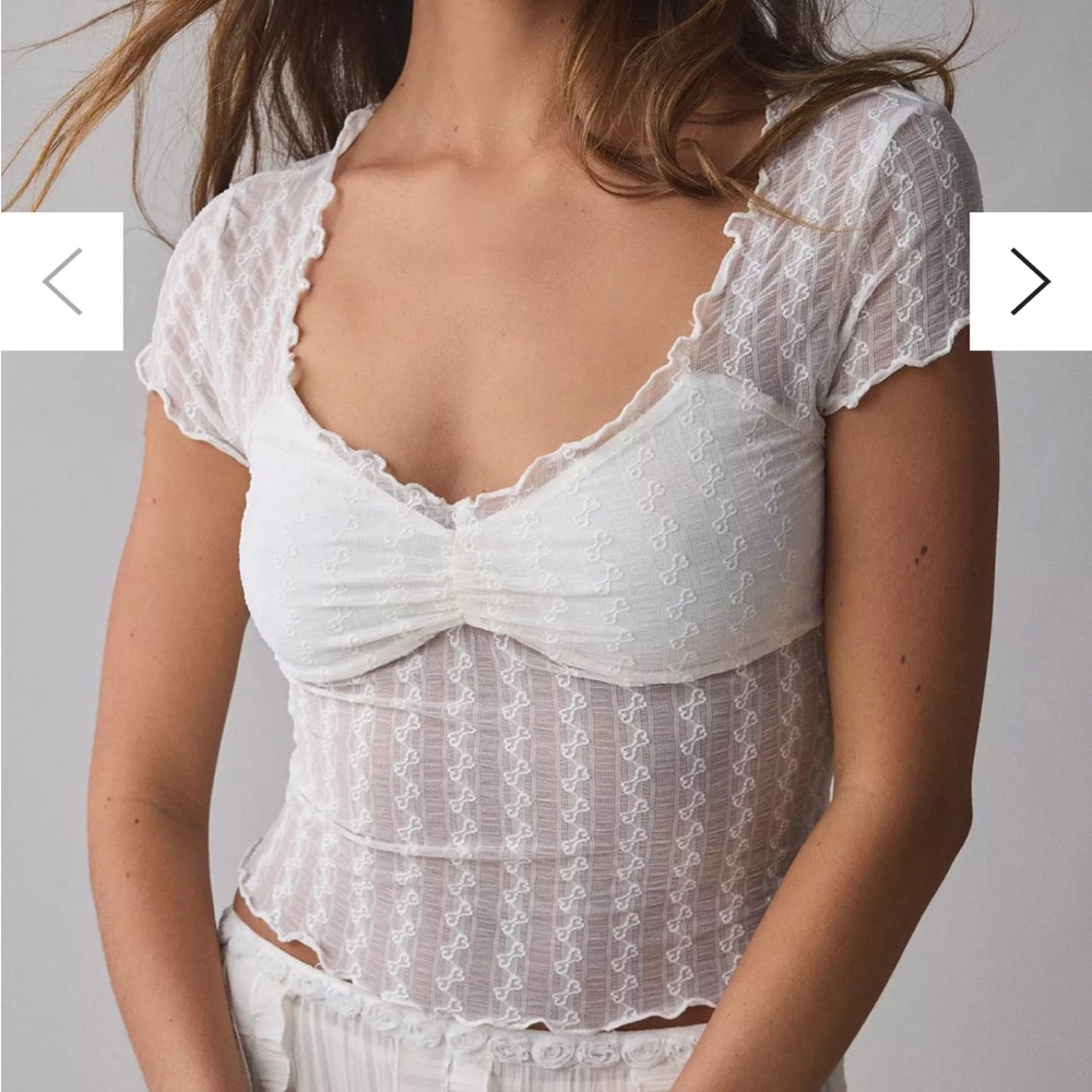 Urban Outfitters White Textured Sheer Mesh Lettuce-Edge Top Kimchi Blue
